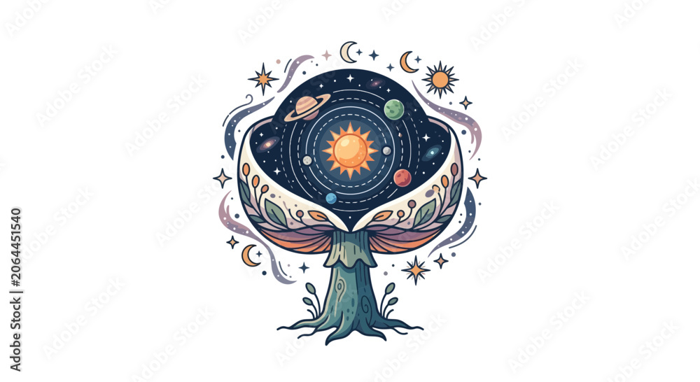 Fototapeta premium Cosmic Mushroom Universe Tree: Planets, Sun, Stars, Celestial, Mystical Nature Art