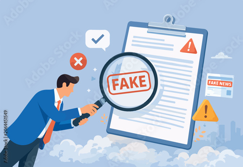 Foto Fake document, wrong information verification or fake news inspection, fraud and