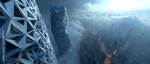 Futuristic towers emerge from a cloudy skyline, showcasing advanced architectural designs, symbolizing progress and innovation in modern urban living while conveying a sense of awe and wonder.