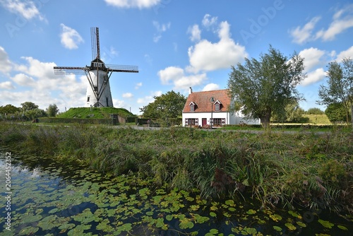 Bild auf Leinwand Landscape with scenic view of a typical Flemish rural house and the historic windmill of Schellemolen on the banks of Damse Vaart in Damme, West Flanders Belgium