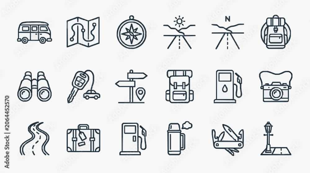 Fototapeta premium Minimalist Travel and Adventure Essentials Icon Set for Road Trips and Exploration with high professional line art symbols for modern creative design and digital branding projects