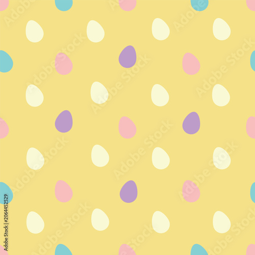 Seamless Easter egg pattern on pastel yellow background. Cute spring holiday texture with colorful eggs, simple repeat design for wrapping paper, fabric, wallpaper, textile, packaging and kids decor.