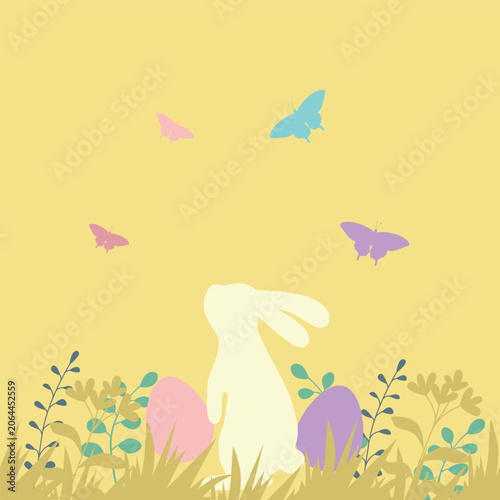 Cute Easter bunny silhouette with colorful eggs, butterflies, flowers and grass. Spring holiday background in pastel colors. Flat vector illustration for cards, banners, invitations and seasonal desig