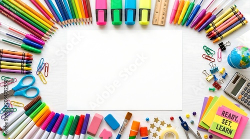 Colorful School Supplies and Office Stationery Arranged Around a Central Blank Paper Template
