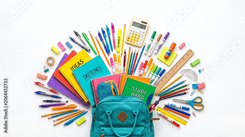 Back to school with a vibrant collection of stationery and art supplies arranged in a backpack
