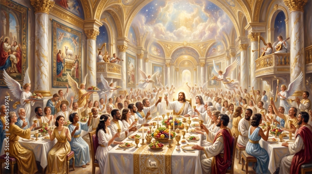 Naklejka premium Jesus Christ sitting at banquet table surrounded by people in heaven. Celebration of eternal life, spiritual gathering and community in paradise. Religious illustration of afterlife.