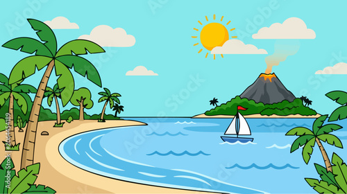 Photography Cartoon tropical island and beach with erupting volcano and sailboat