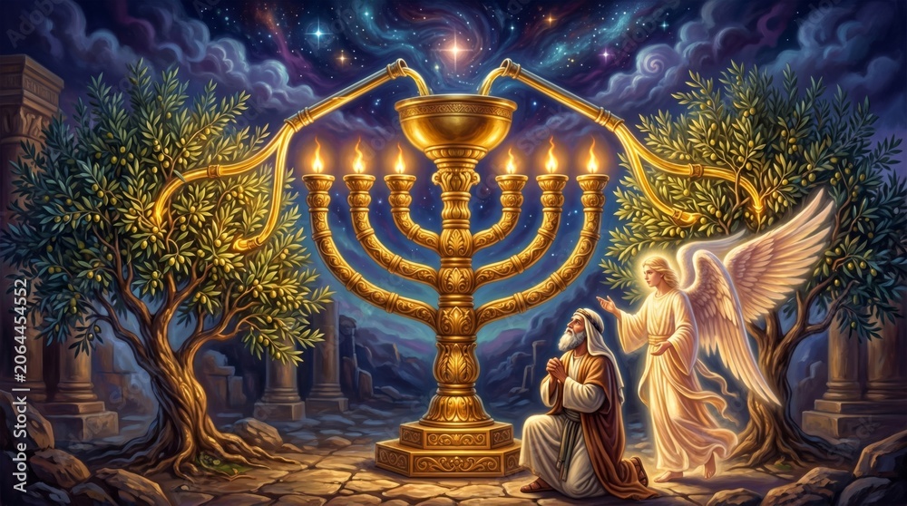 Naklejka premium Zechariah praying before the golden menorah with an angel in front of olive trees. Biblical scene depicting vision of temple lampstand. Christian religious worship and divine light.