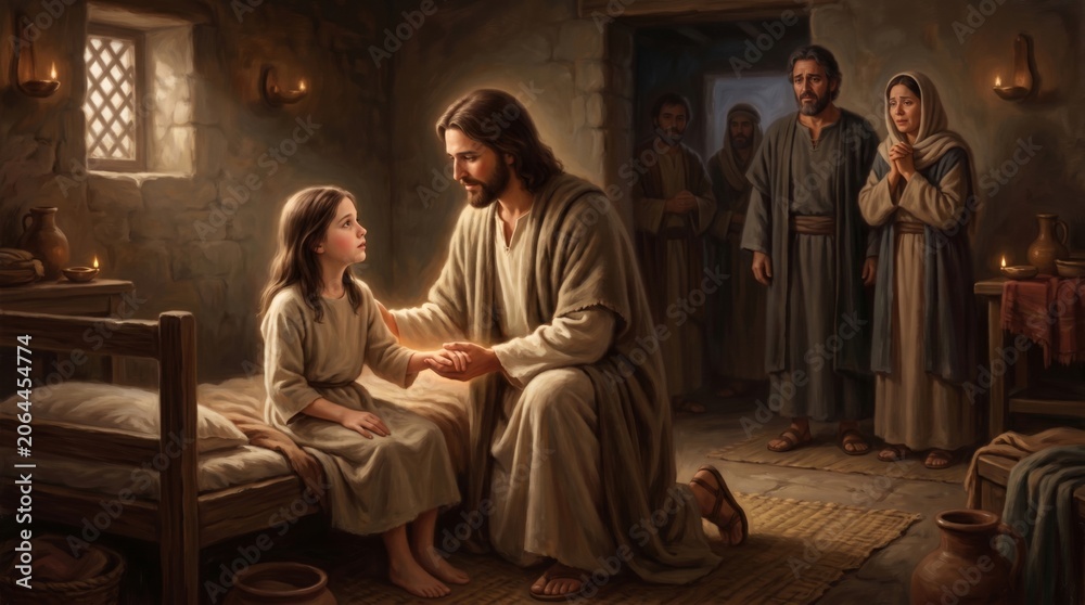 Fototapeta premium Jesus Christ healing a sick girl by touching her hand in a dimly lit room. Biblical scene depicting a miracle of faith. Religious art representing divine love and hope for humanity.