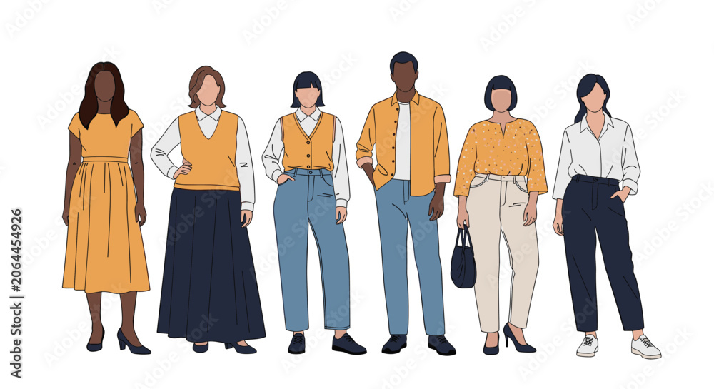 Obraz premium Diverse group of people in stylish casual and professional clothing standing in a row against a plain white background.