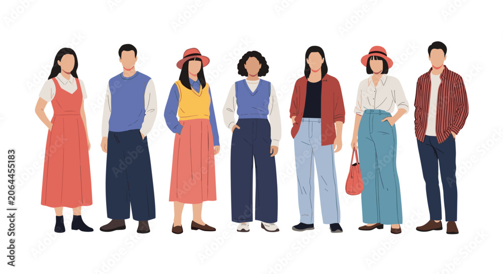 Obraz premium Group of young and adult people dressed in various stylish and colorful autumn or spring casual clothing standing together.