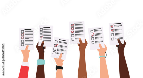 Diverse multiethnic hands holding up several survey papers or voting ballots with check marks to show participation or choice.