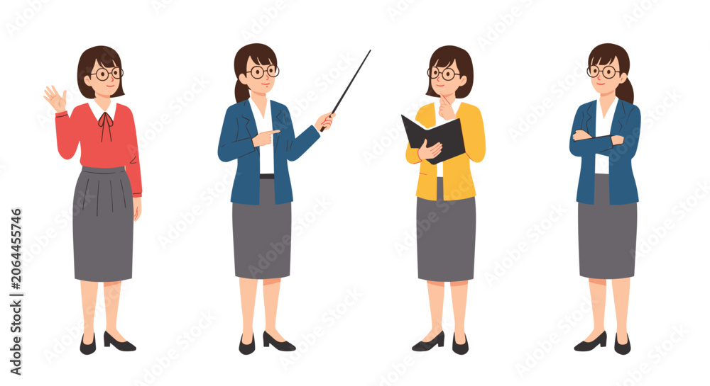 Fototapeta premium Female teacher or professional woman showing different poses and expressions while teaching, thinking, and lecturing.