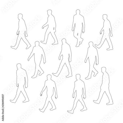 Set of line art figures showing men walking in various directions for urban navigation.