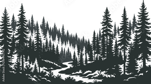 Dense evergreen forest with a winding river flowing through a valley under a bright sky