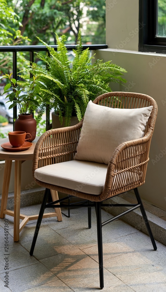 Fototapeta premium Cozy balcony corner with wicker chair and small table overlooking lush greenery