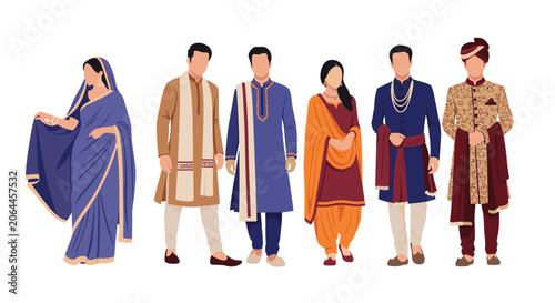 Diverse group of people wearing traditional Indian ethnic clothing such as colorful saris and formal sherwani suits.