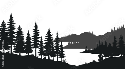 Serene evergreen forest landscape with a tranquil lake and distant mountains under a clear sky