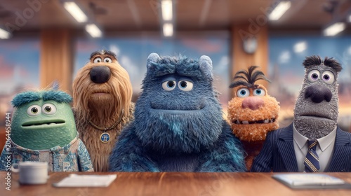 A group of five furry characters, each with unique traits, engaged in a conversation at a conference table, bringing a sense of fun, charm, and quirkiness to a business setting.