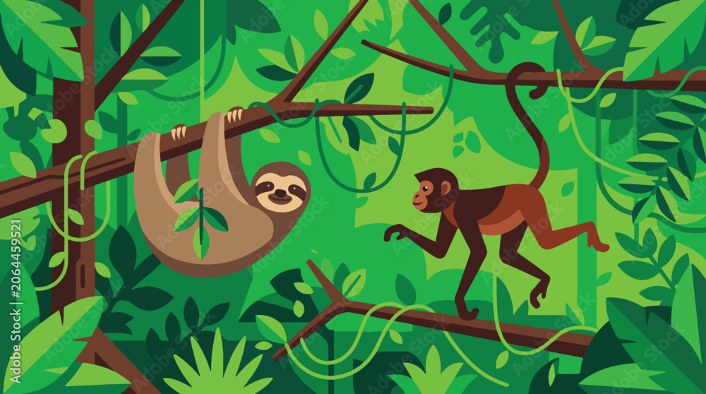 Obraz premium Sloth and monkey in jungle habitat.