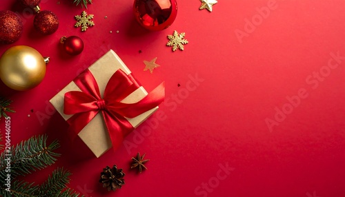 Luxury Gift Present with Seasonal Ornaments and Elegant Lighting on Rich Red Background Festive Premium Celebration Concept Design