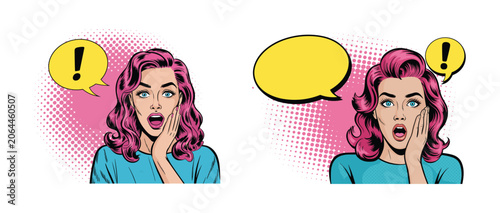 Fotografija Shocked Pop Art Woman: A stylish woman with vibrant pink hair expresses shock and surprise in a classic pop art style, featuring comic-style speech bubbles and halftone dots