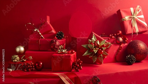 Luxury Presents with Seasonal Decor and Elegant Lighting on Rich Red Background Festive Premium Holiday Celebration Concept Design