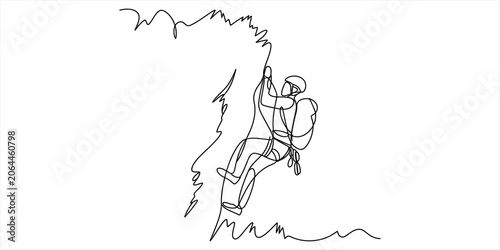 Obraz na plátně Single line drawing of a rock climber ascending a steep cliff face with determin