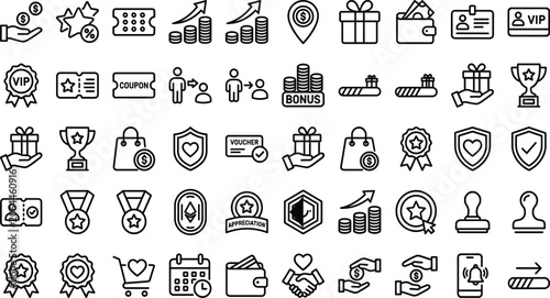 Tableau sur toile Customer Loyalty Program and Rewards Line Icon Set with Gift Boxes, VIP Badges,