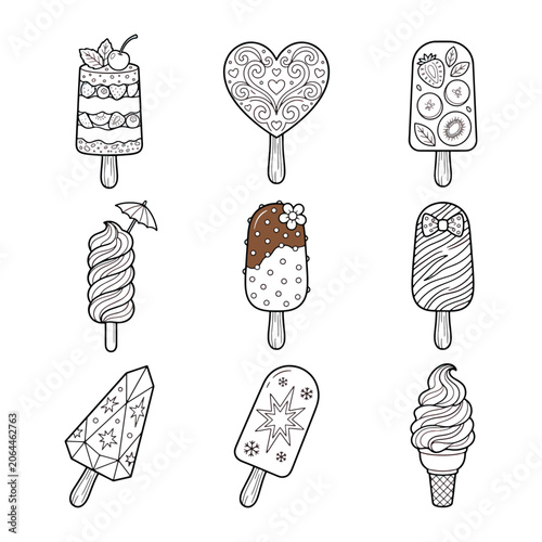 Cute Ice Cream Coloring Page Collection Featuring Kawaii Dessert Popsicles and Sweet Treat Line Art