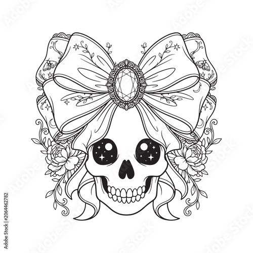 Decorative Sugar Skull Coloring Page Featuring Floral Bow and Day of the Dead Inspired Line Art