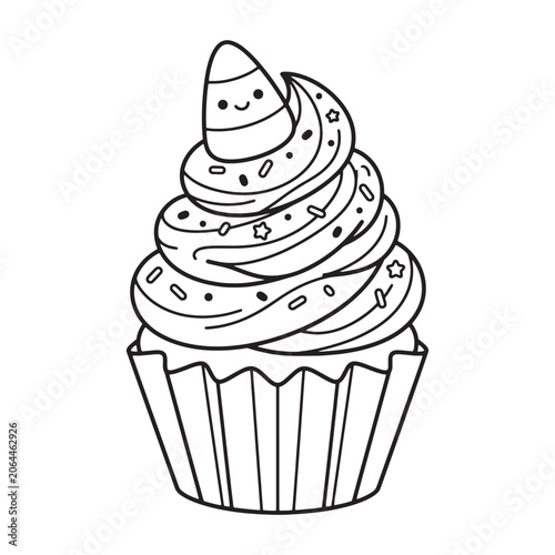 Halloween Cupcake Coloring Page Featuring Candy Corn Topping and Cute Dessert Line Art