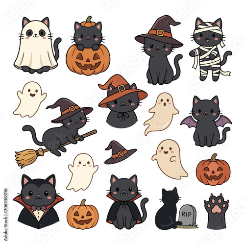 Cute Halloween Cat and Ghost Character Collection Featuring Witch Hats, Pumpkin Costumes and Spooky Kawaii Animals