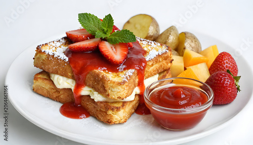 A stack of golden-brown French toast, generously drizzled with a vibrant red strawberry sauce and topped, created with generative ai