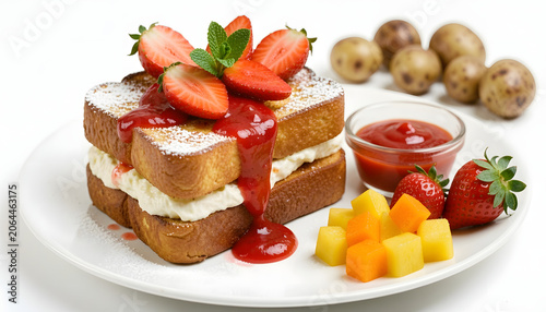 A stack of golden-brown French toast, generously drizzled with a vibrant red strawberry sauce and topped, created with generative ai