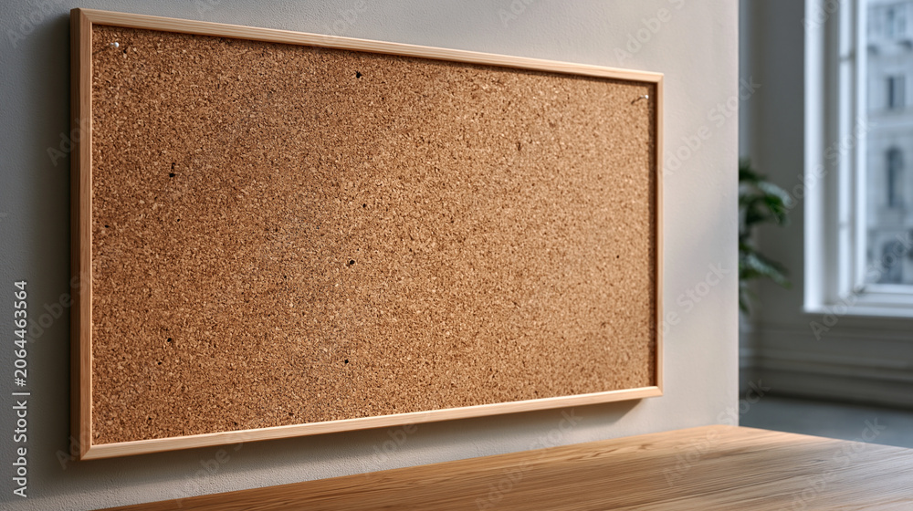 Fototapeta premium Empty cork board mounted on an office wall with scattered pushpin holes and faint paper ghost marks left behind, minimal texture and warm neutral tones, perfect for planning