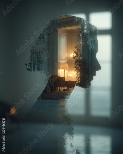 A double exposure image featuring a woman's silhouette filled with a cozy interior scene, symbolizing the blend of personal identity and the comforting essence of home in a creative visual format.