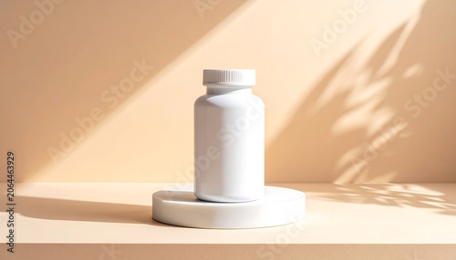 Medicine or Supplement Bottle Mockup on Warm Beige Background Clean Healthcare Packaging Concept for Pharmaceutical and Wellness Branding