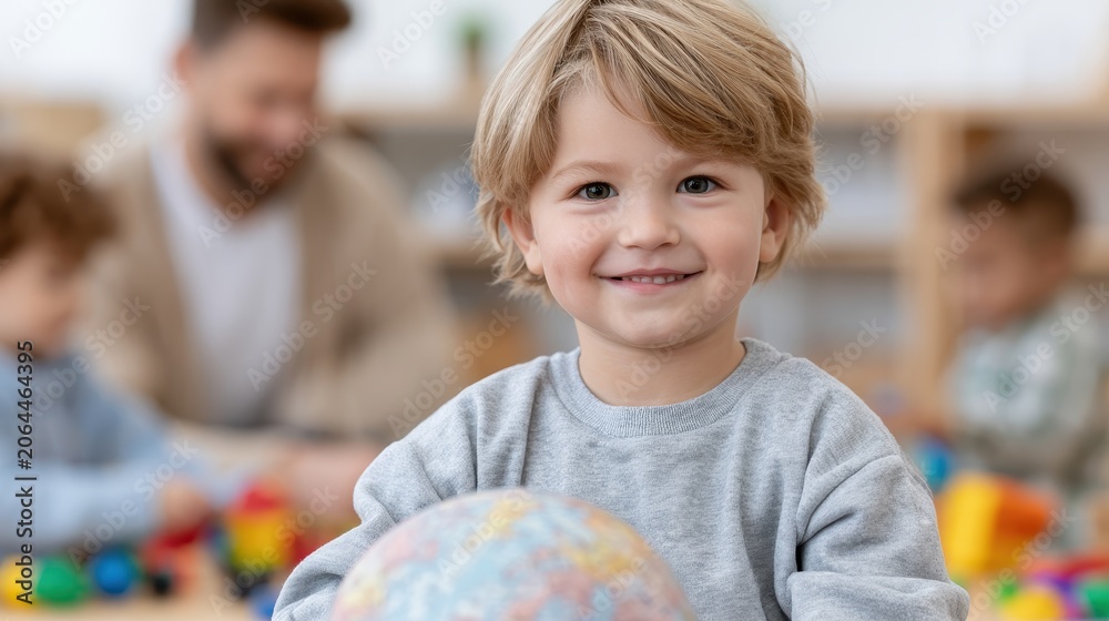 Fototapeta premium Smiling child engaged in classroom activity, early education, learning development and school concept.