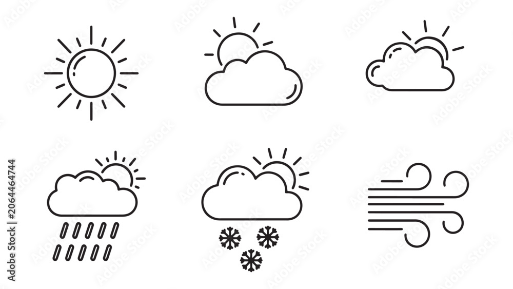 Fototapeta premium Weather Forecast Line Icons Showing Sun Cloud Rain Snow And Wind Conditions