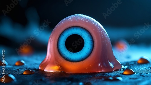 Abstract illustration of a gelatinous creature with a large blue eye, surrounded by droplets on a dark surface, creating a surreal and imaginative visual effect