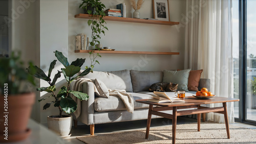 Living room interior showcasing eclectic mix of bohemian decor with cozy couch, patterned rug, and shelf of books. Soft lighting from lamp creating warm atmosphere, created with generative ai