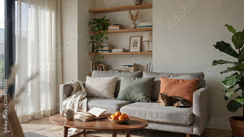 Living room interior showcasing eclectic mix of bohemian decor with cozy couch, patterned rug, and shelf of books. Soft lighting from lamp creating warm atmosphere, created with generative ai