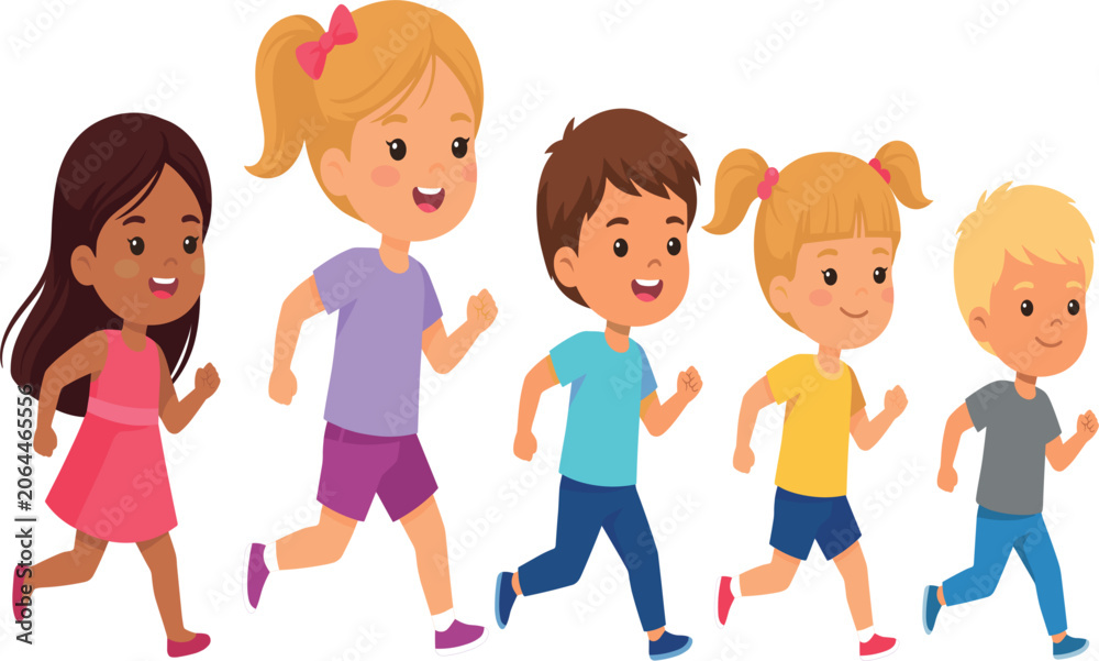 Fototapeta premium Diverse Happy Children Running Together, Cartoon Kids Activity and Friendship Vector Illustration Design