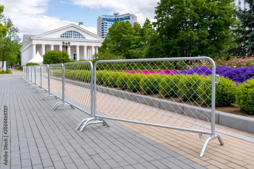 Naklejka premium Metal temporary fence barriers on city sidewalk