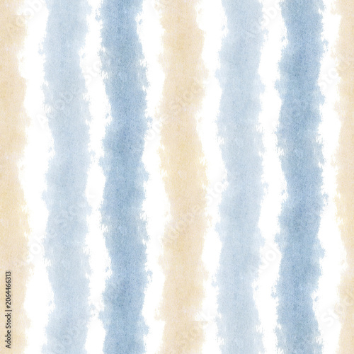 Watercolor seamless pattern with vertical brush strokes in beige and blue colors. Hand drawn abstract stripes background for fabric, wallpaper, branding and modern textile design projects.