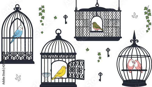 Photos Vintage Decorative Bird Cage Vector Set Featuring Colorful Budgie, Canary, Finch