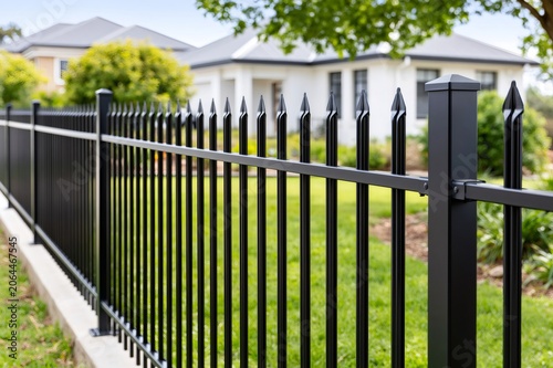 Black wrought iron fence providing home security and privacy