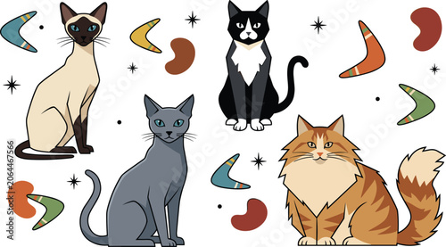 Quadro su tela Retro Mid Century Modern Cat Breed Vector Set Featuring Siamese, Tuxedo, Russian