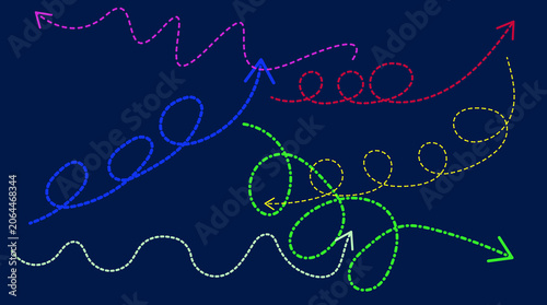 Colorful Dashed Motion Paths on Dark Background